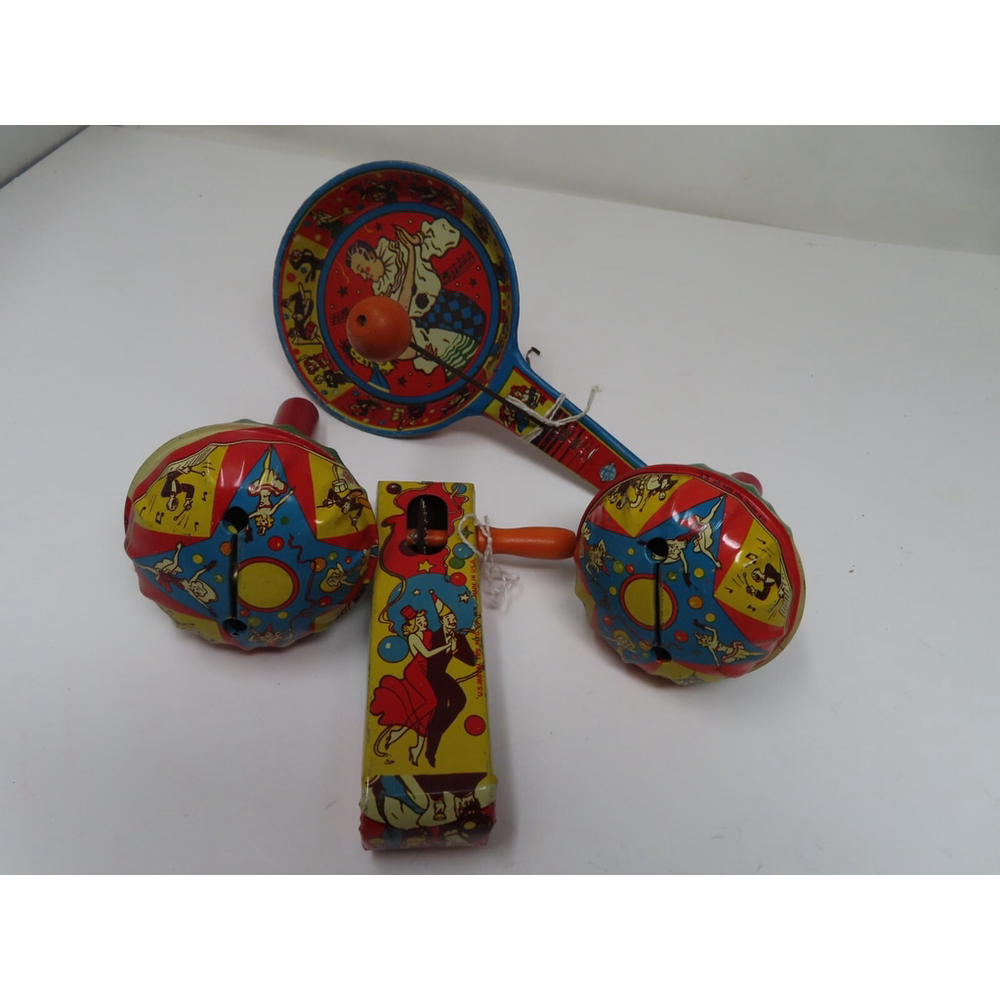 Lot 4 Vtg Tin Litho New Years USA Noise Makers US Metal Shake Wood Handles